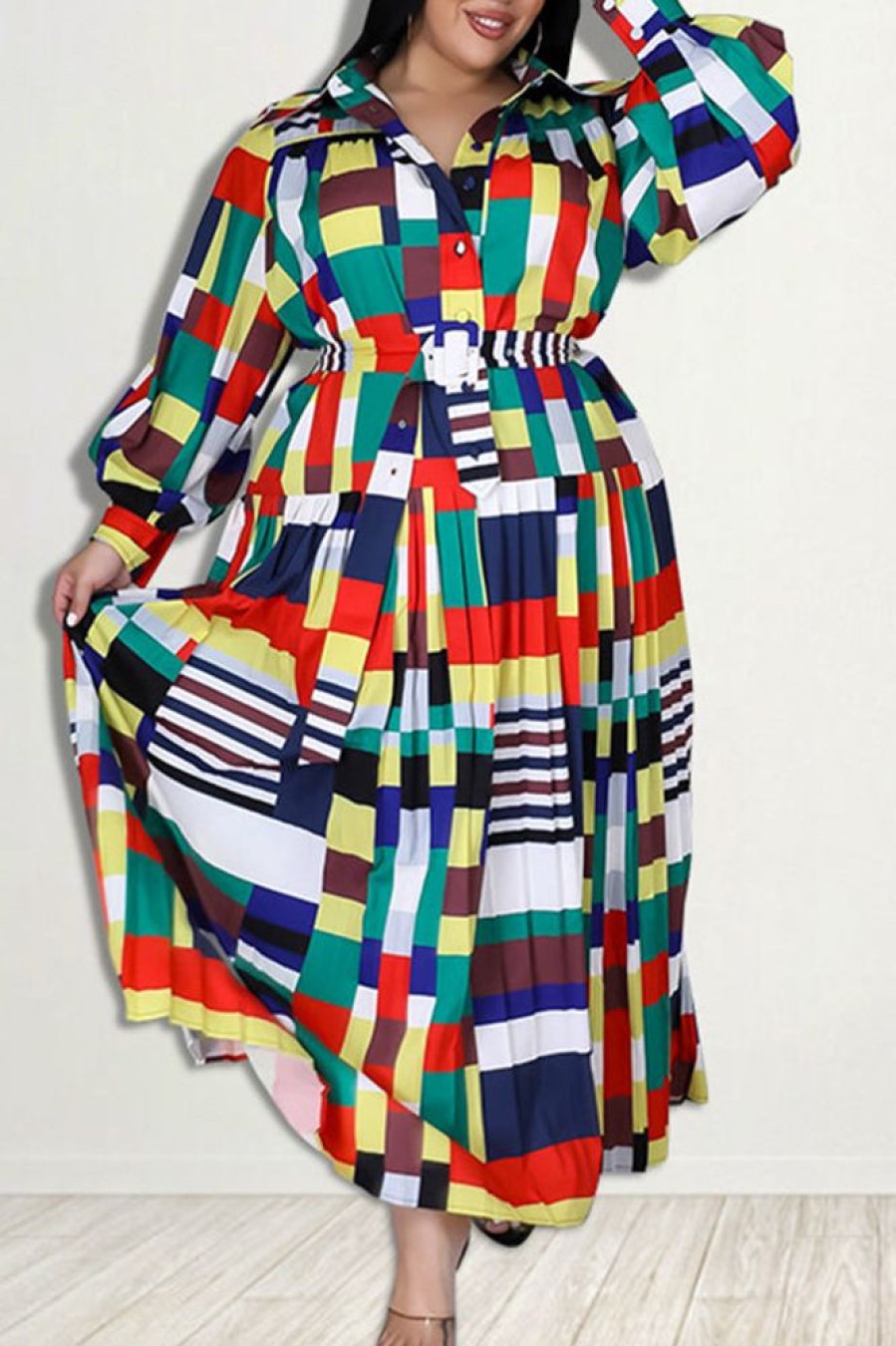 Dresses female | Block Print Belt Plus Size Pleated Maxi Dress Multicolor