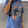 Tops & Outerwear female | Cool Printed Hole Loose Short Sleeve Round Neck T-Shirt Blue