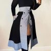 2-Pieces female | Fashion High Collar Plaid Slit Midi Skirt Two Piece Set Black