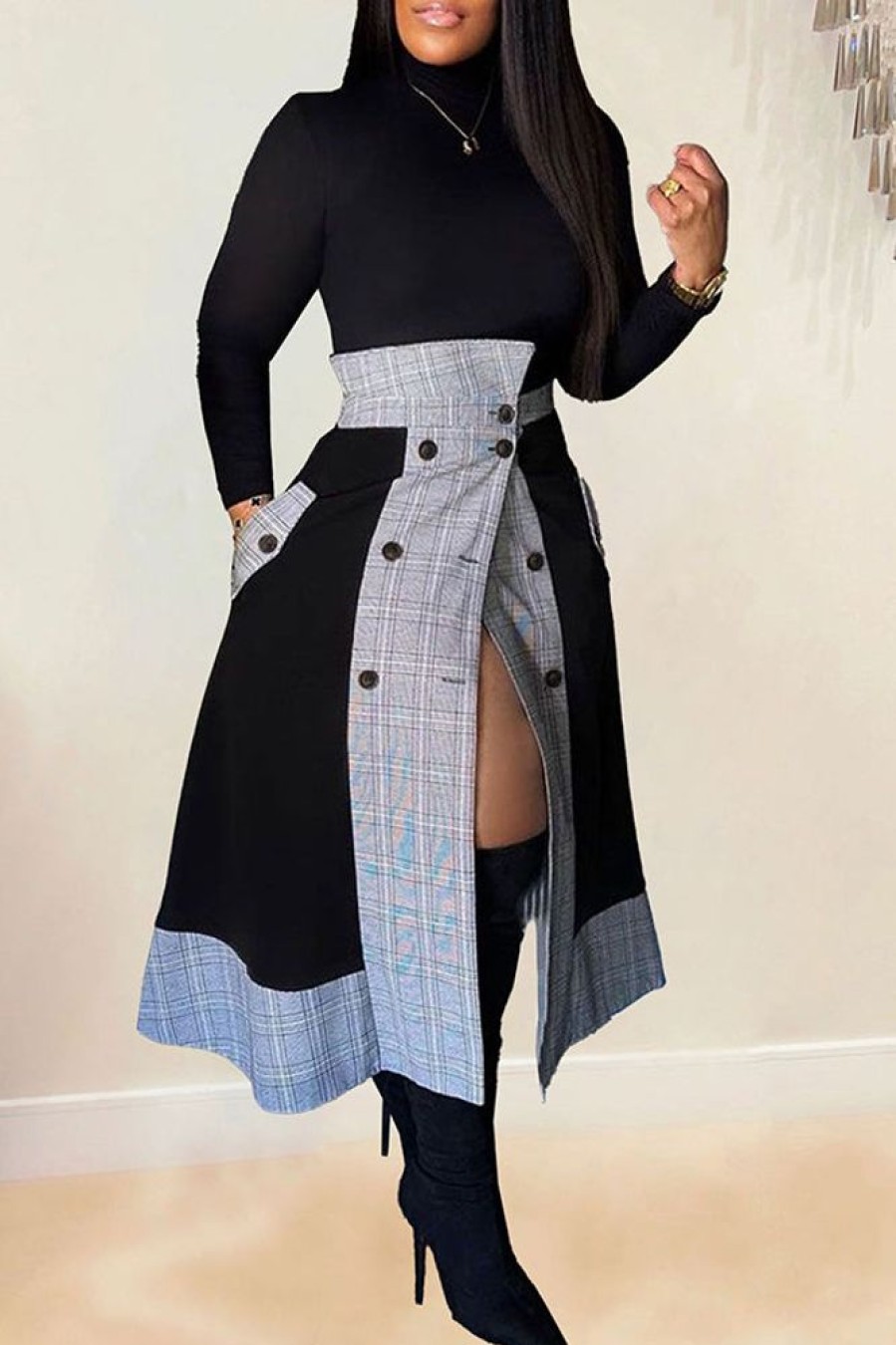 2-Pieces female | Fashion High Collar Plaid Slit Midi Skirt Two Piece Set Black