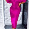 Dresses female | Elegant Solid Color Ballon Sleeve Cutout Slim Fit Plus Size Maxi Dress Rose Red