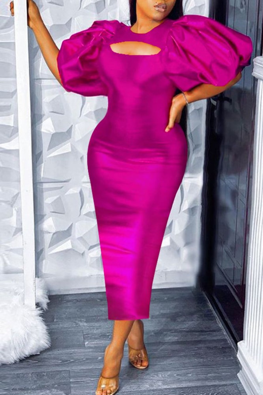 Dresses female | Elegant Solid Color Ballon Sleeve Cutout Slim Fit Plus Size Maxi Dress Rose Red