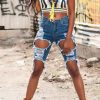 Bottoms female | Shredded Slim Stretch Five-Point Denim Shorts Blue