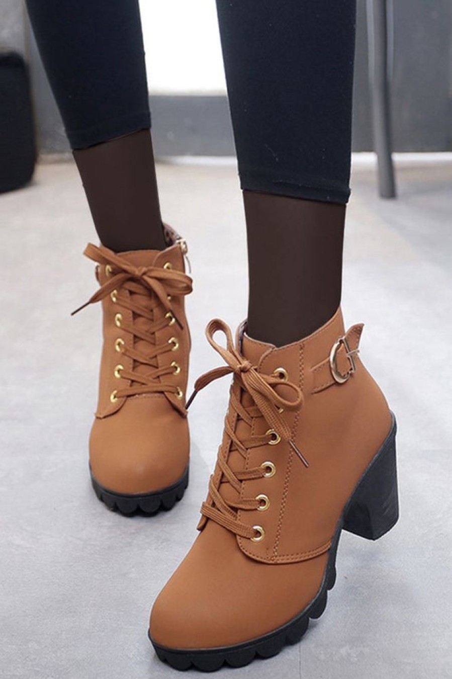 Accessories female | Basic Solid Color Lace-Up Zipper High-Heeled Boots