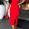 Dresses female | Fashion Solid Color Slim Asymmetric Split Short Sleeve Dress Red