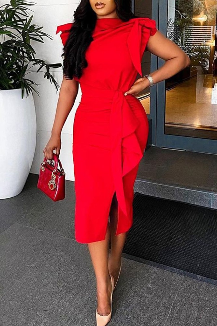 Dresses female | Fashion Solid Color Slim Asymmetric Split Short Sleeve Dress Red