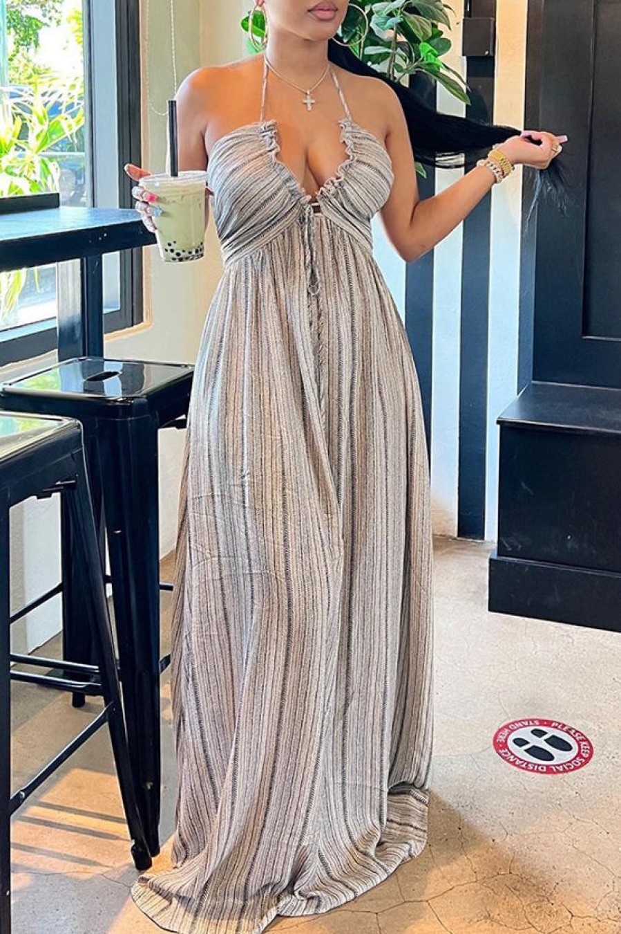 Dresses female | Sexy Halter Back Knot Drawstring Striped Maxi Dress White