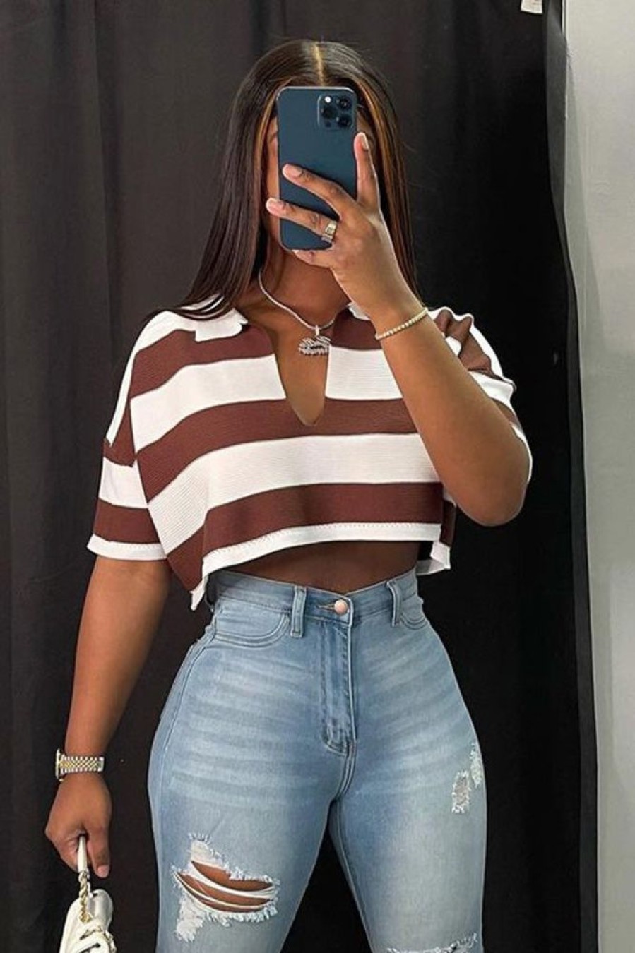 Tops & Outerwear female | Fashion Stripe Print Short Sleeve Loose Short Top Coffee