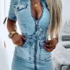 Dresses female | Sexy Pocket Slim Fit Lace Up Denim Mini Dress