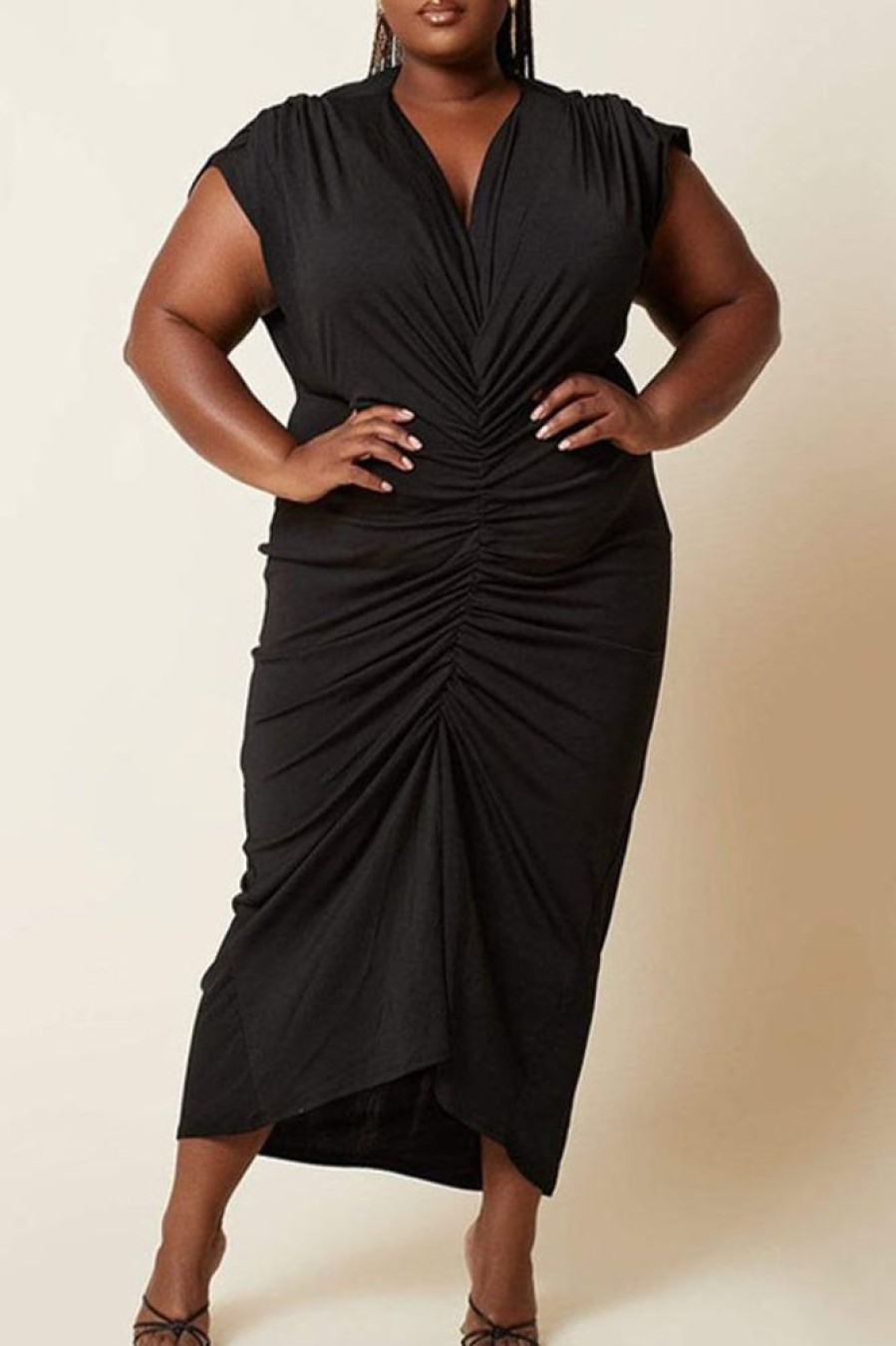 Dresses female | V Neck Solid Color Pleated Plus Size Maxi Dress