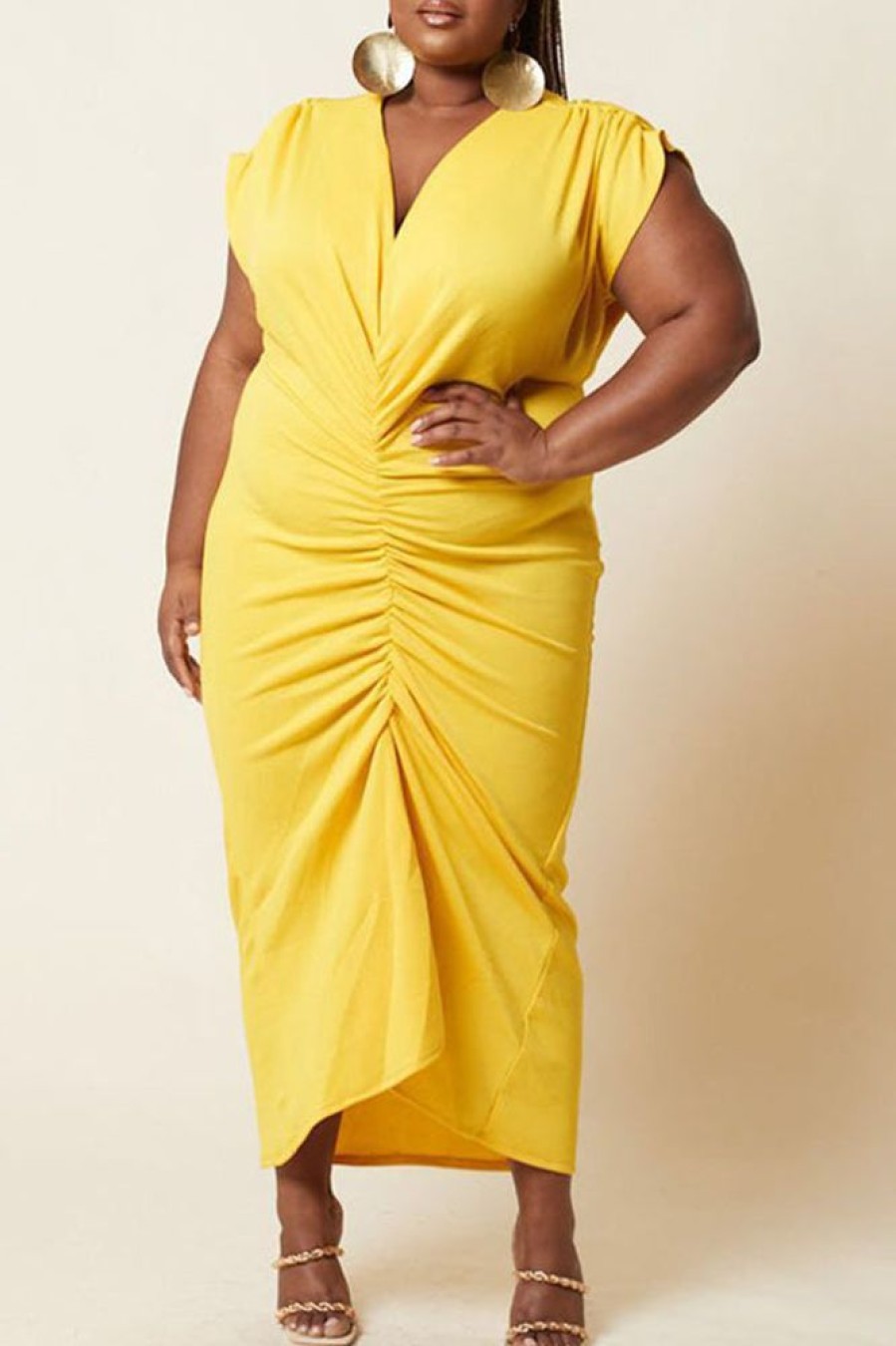 Dresses female | V Neck Solid Color Pleated Plus Size Maxi Dress