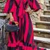 Dresses female | Loose Off Shoulder Striped Puff Sleeve Maxi Dress