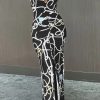 Dresses female | Chain Print Halter Pleated Slit Maxi Dress