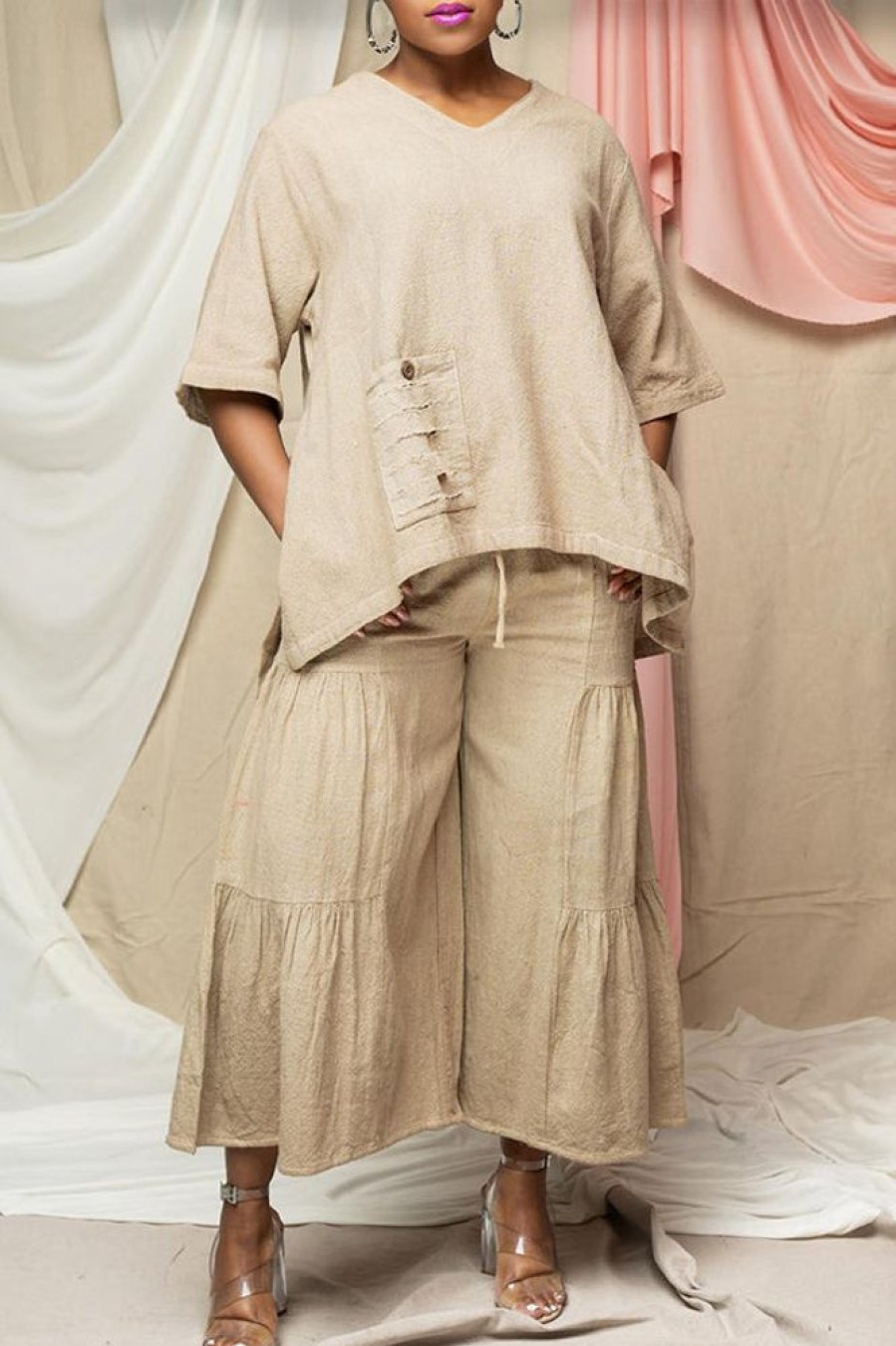 2-Pieces female | Casual Solid Color Loose Cotton Linen Flared Pants Set Beige