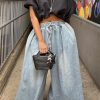 Bottoms female | Simple Elastic Waist Drawstring Solid Color Wide-Leg Jeans Wathet Blue