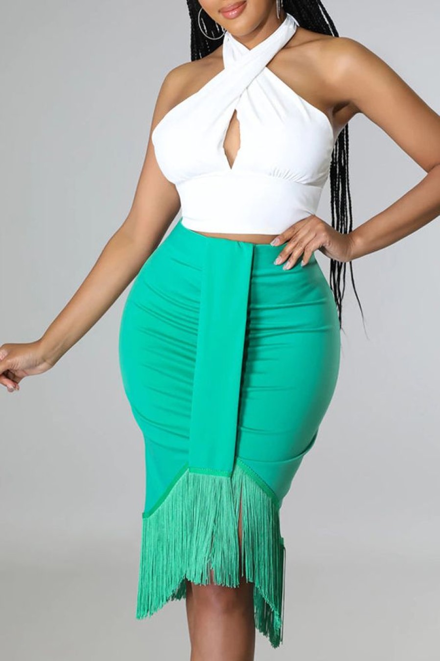 2-Pieces female | Temperament Solid Color Halter Top Tassels Midi Skirt Suits Green