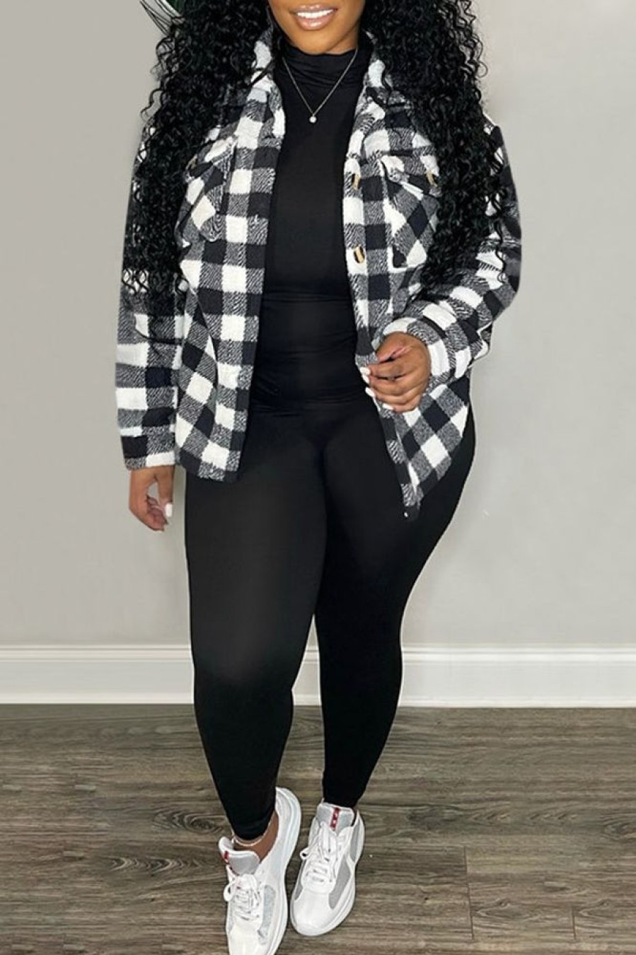 Tops & Outerwear female | Casual Plaid Pocket Single-Breasted Shirt Jacket Black