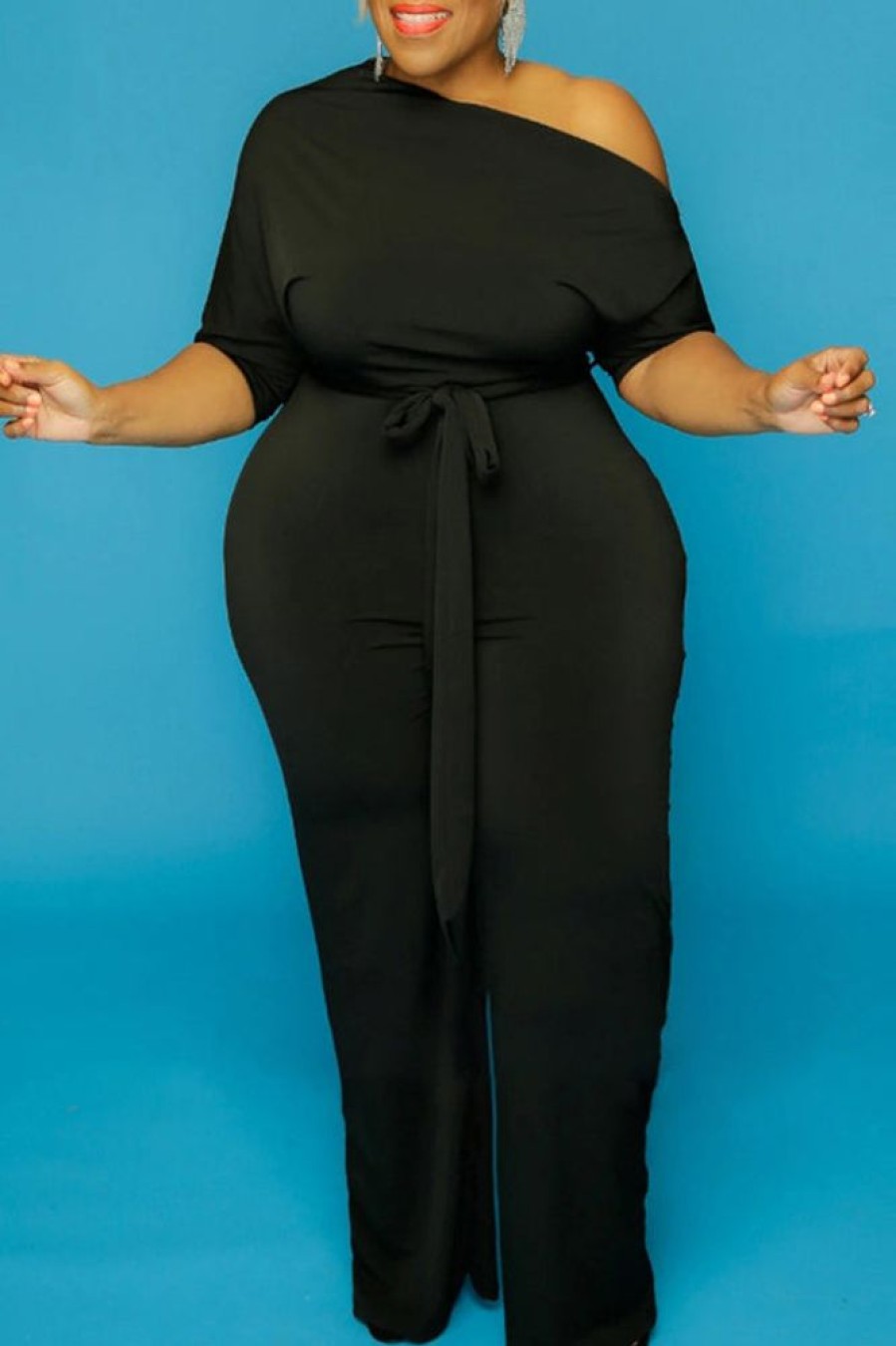 Jumpsuits & Rompers female | Plus Size Solid Oblique Collar Tie Waist Jumpsuit