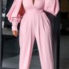 Jumpsuits & Rompers female | Fashion Temperament Split Long Sleeve Jumpsuit Pink