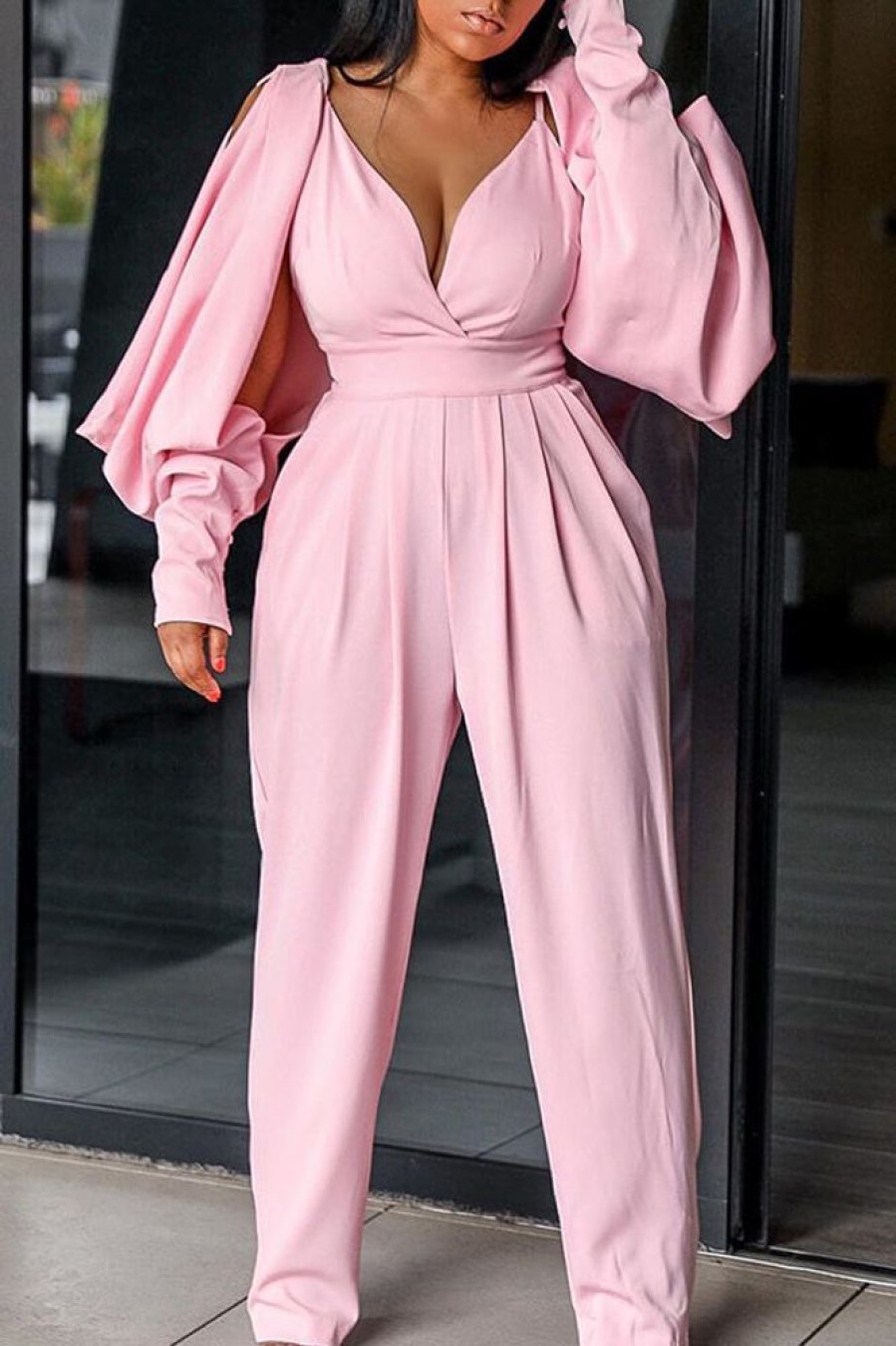 Jumpsuits & Rompers female | Fashion Temperament Split Long Sleeve Jumpsuit Pink