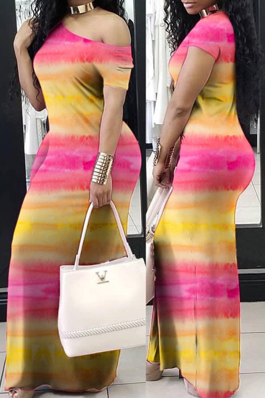 Dresses female | Elegant Slanted Shoulder Gradient Maxi Dress