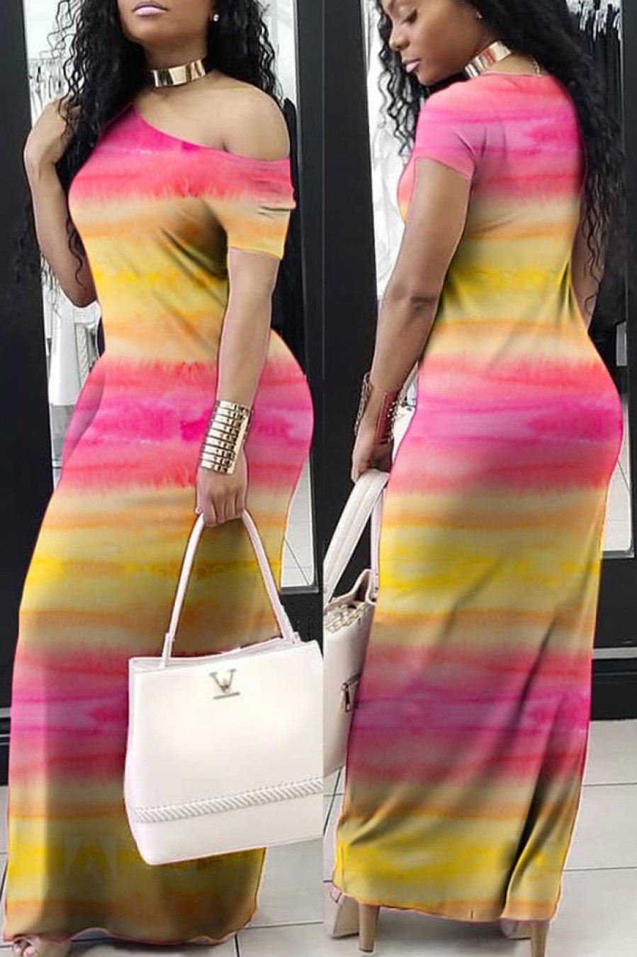 Dresses female | Elegant Slanted Shoulder Gradient Maxi Dress