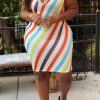 Dresses female | V-Neck Asymmetric Rainbow Striped Skinny Sexy Dress White