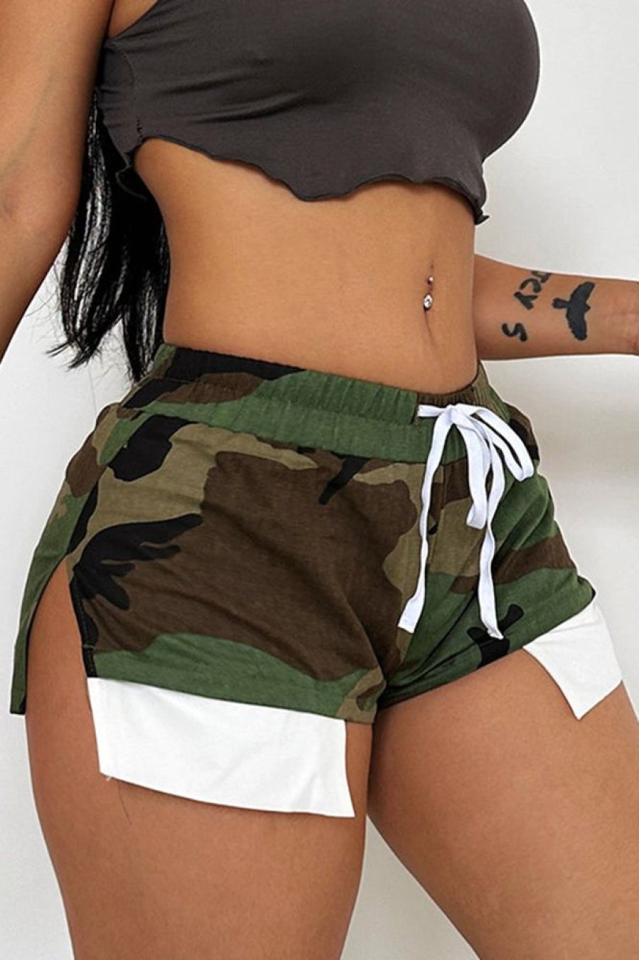 Bottoms female | Casual Elastic Waist Camouflage Shorts Army Green