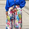 2-Pieces female | Fashion Plus Size Batwing Sleeve Loose Blouse Graffiti Print Wide Leg Pant Suits Blue