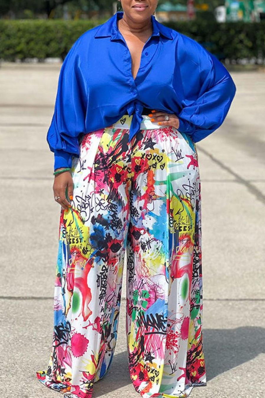 2-Pieces female | Fashion Plus Size Batwing Sleeve Loose Blouse Graffiti Print Wide Leg Pant Suits Blue