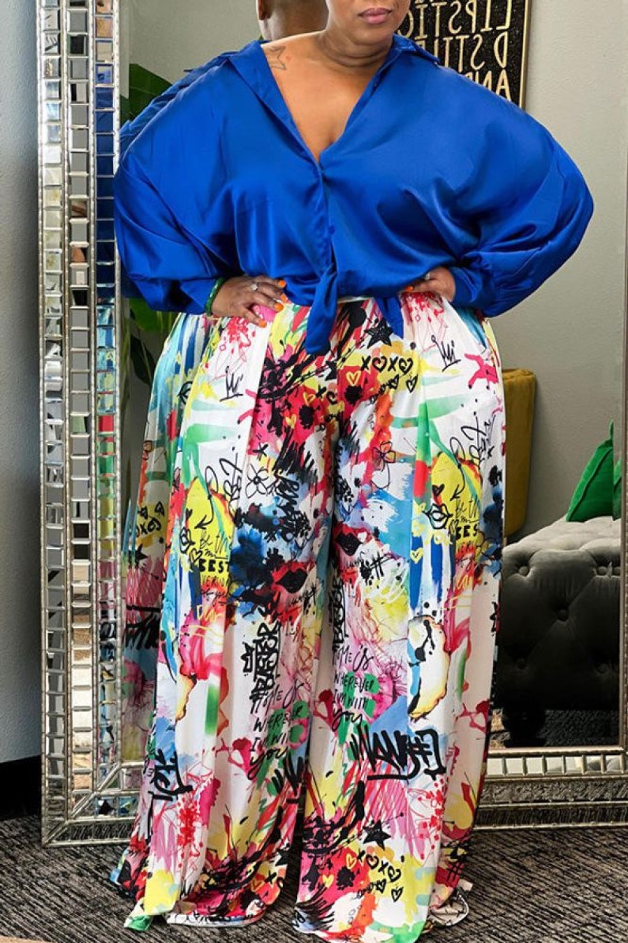 2-Pieces female | Fashion Plus Size Batwing Sleeve Loose Blouse Graffiti Print Wide Leg Pant Suits Blue