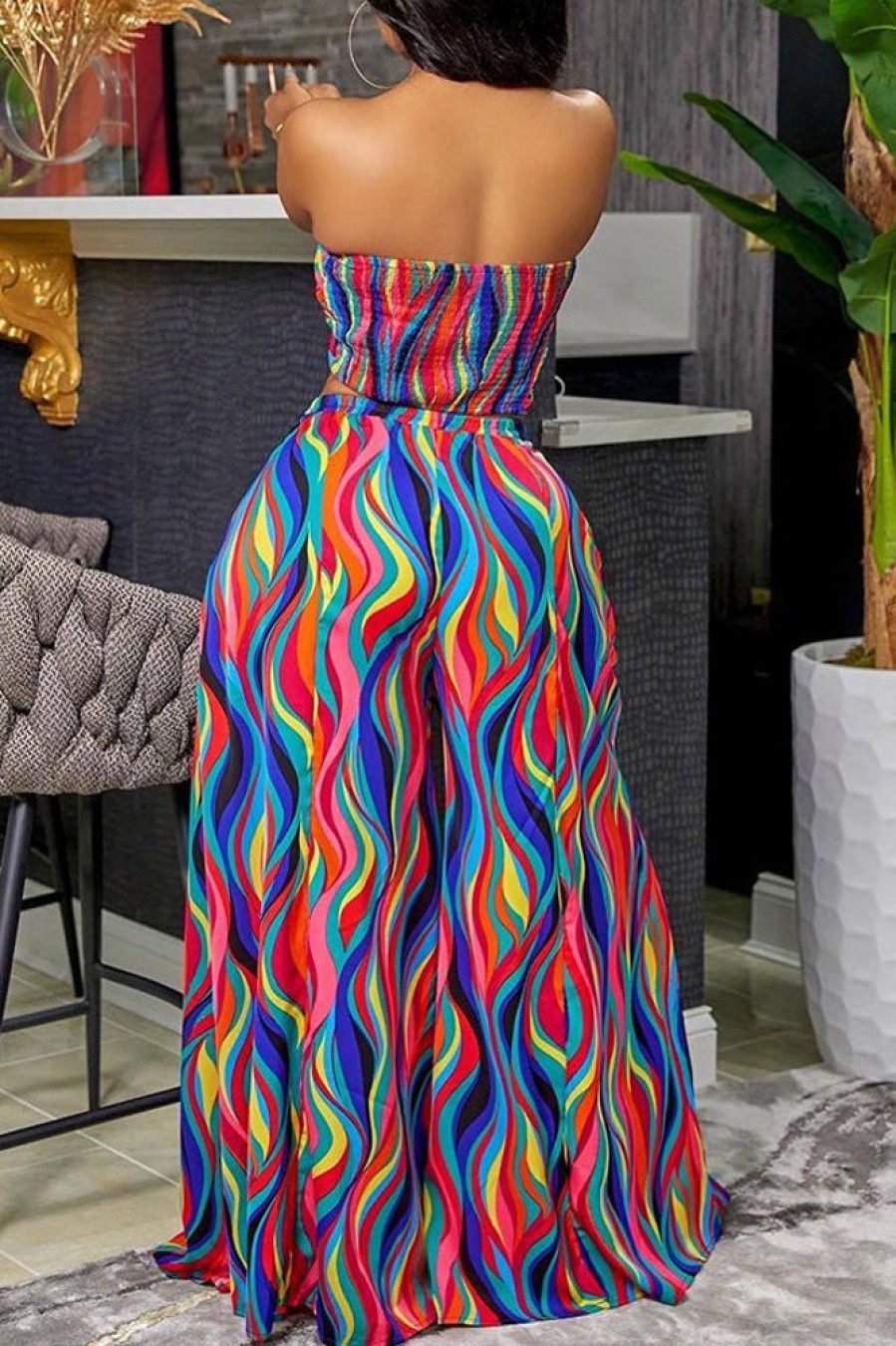 2-Pieces female | Colorful Print Lace-Up Bandeau Wide-Leg Pant Set Multicolor