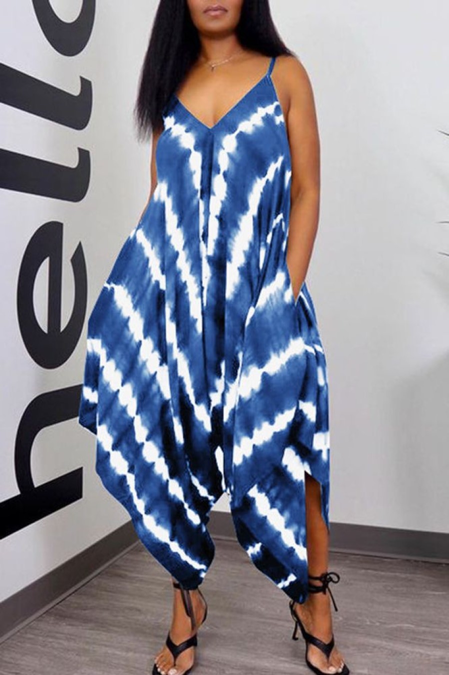 Jumpsuits & Rompers female | Tie-Dye Print Fashion Loose Sling Slit Jumpsuit