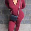 Jumpsuits & Rompers female | Casual Solid Color Slim-Fit Stretch Long Sleeve V-Neck Jumpsuit