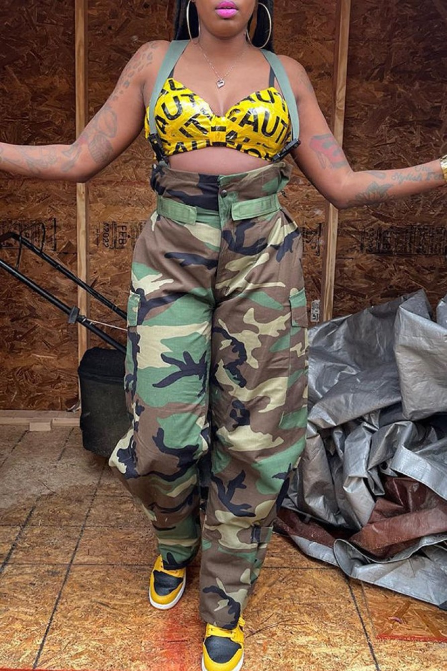 Jumpsuits & Rompers female | Casual Camo Print Wide Leg High Waist Trousers With Suspenders Army Green