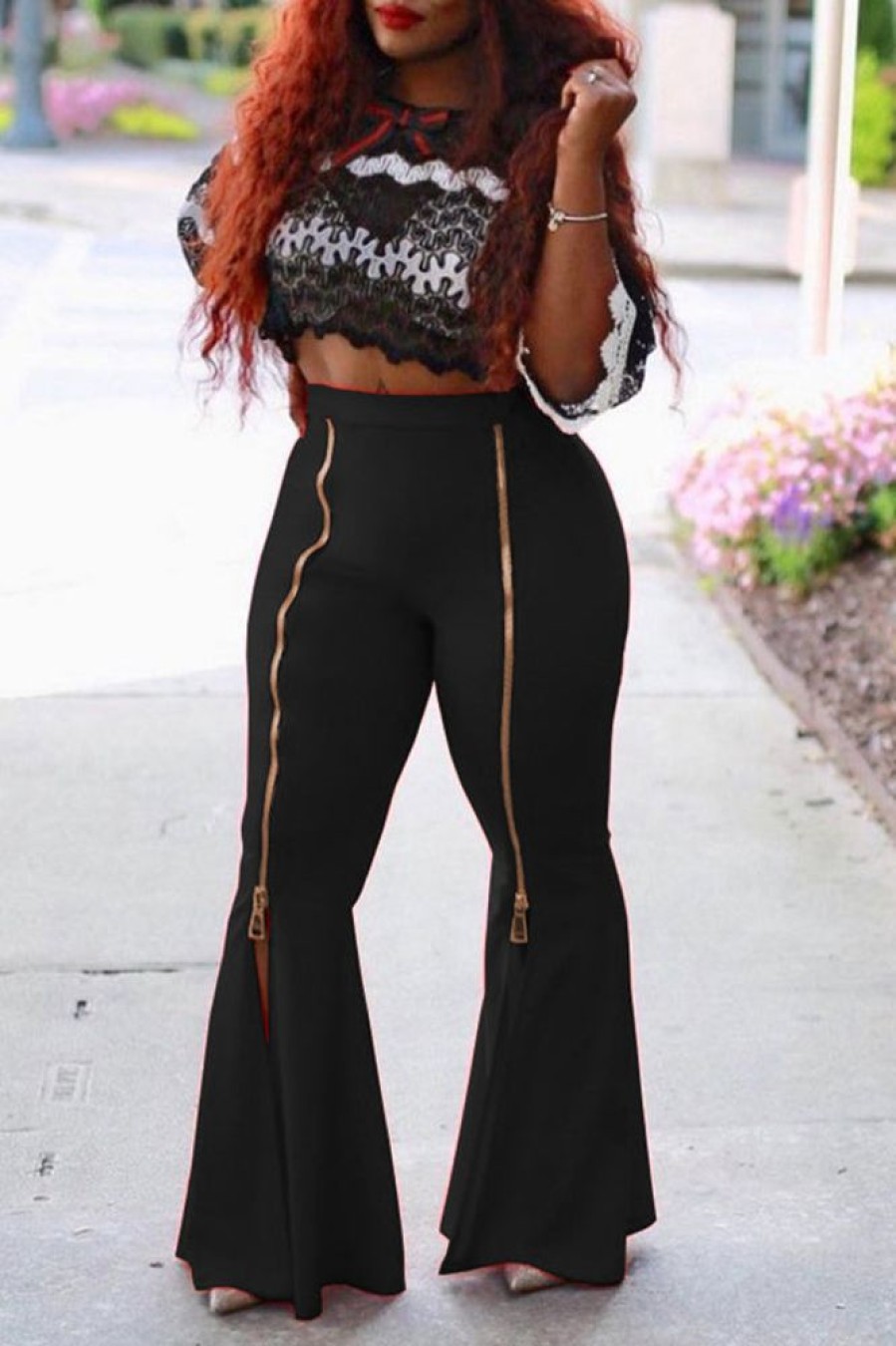 Bottoms female | F Ion High Waist Slim Ruffle Flared Zipper Wide Leg Pants