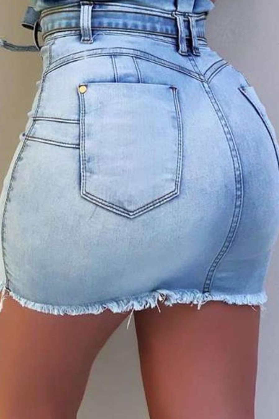 Bottoms female | Elegant Fashion High Waist High Stretch Lace Denim Skirt Wathet Blue