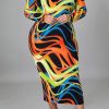 Dresses female | Hollow Decorative Long Sleeved Print Plus Size Midi Dress Black