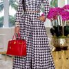 2-Pieces female | Fashion Houndstooth Print Long Sleeved Wide Leg Pant Suits