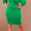 Dresses female | Temperament 3/4 Length Sleeve Plus Size Solid Color Midi Dress