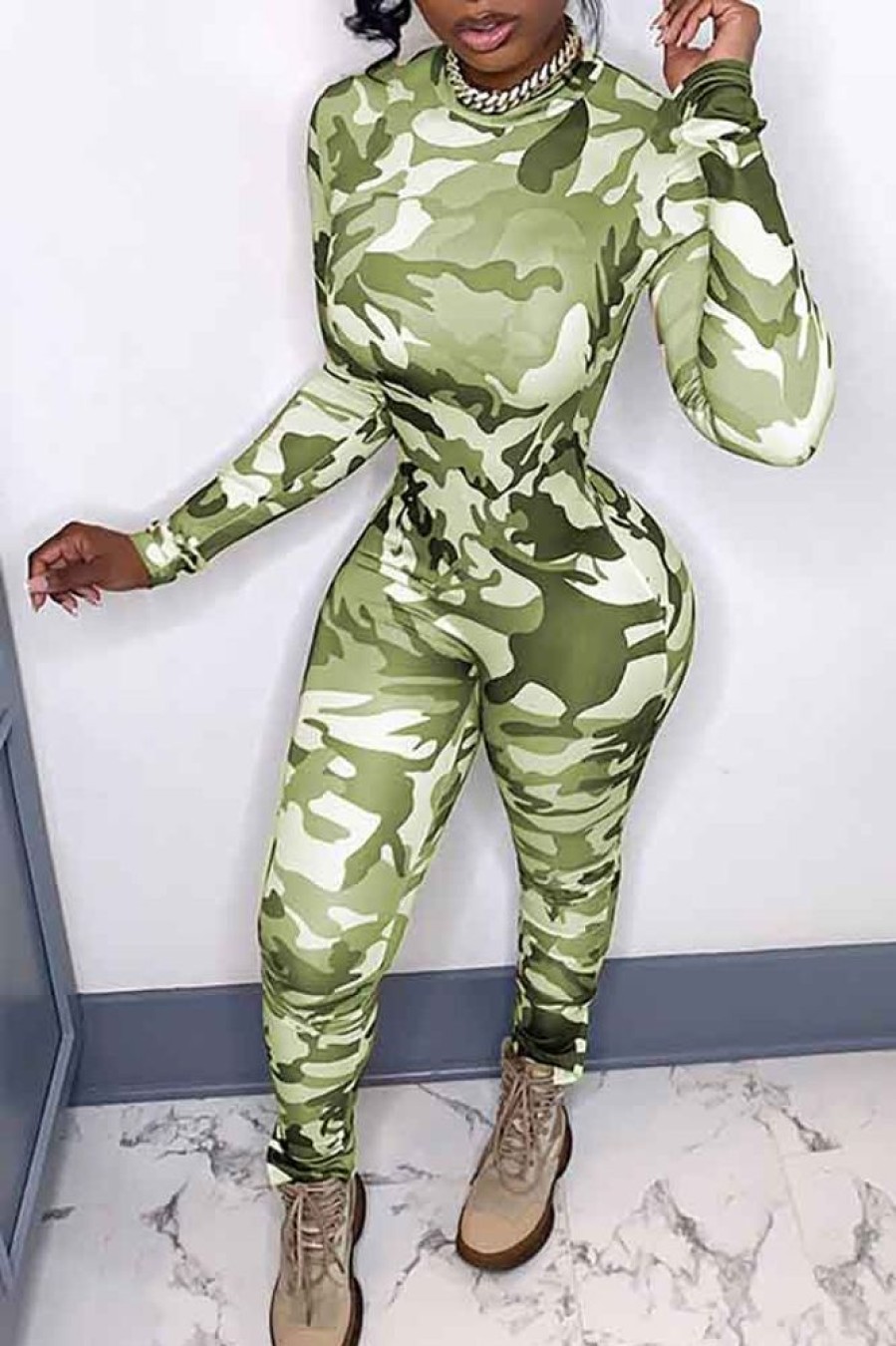 Jumpsuits & Rompers female | Camo Round Neck Long Sleeve Slim Fit Jumpsuit