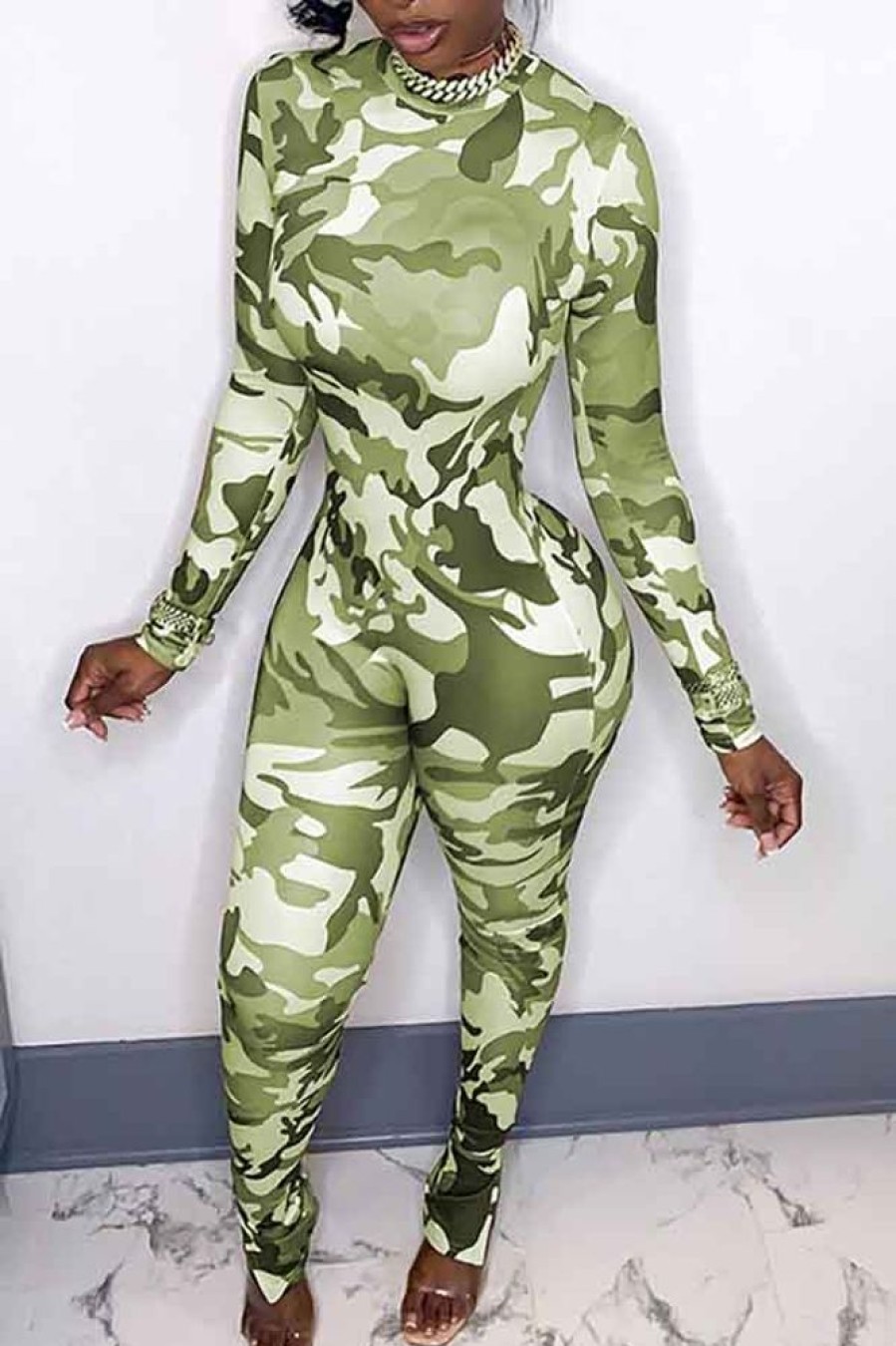 Jumpsuits & Rompers female | Camo Round Neck Long Sleeve Slim Fit Jumpsuit