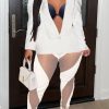 2-Pieces female | Sexy Solid Color Deep V Neck Slim Blazer See-Through Mesh Stitching Slit Pant Suits