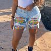 Bottoms female | Stylish Plus Size High Waist Ripped Patch Denim Dtraight-Leg Shorts Wathet Blue