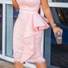 Dresses female | Elegant Sleeveless Slim Fit Embroidered Irregular Ruffle Midi Dress Pink