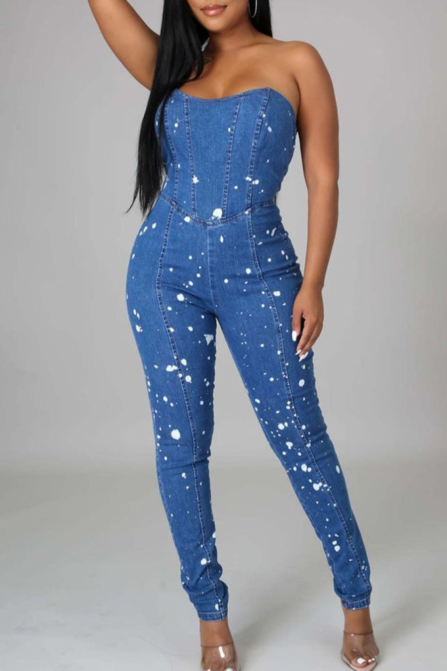 Jumpsuits & Rompers female | Casual Fashion Tube Top Women Fitted Denim Jumpsuit Blue