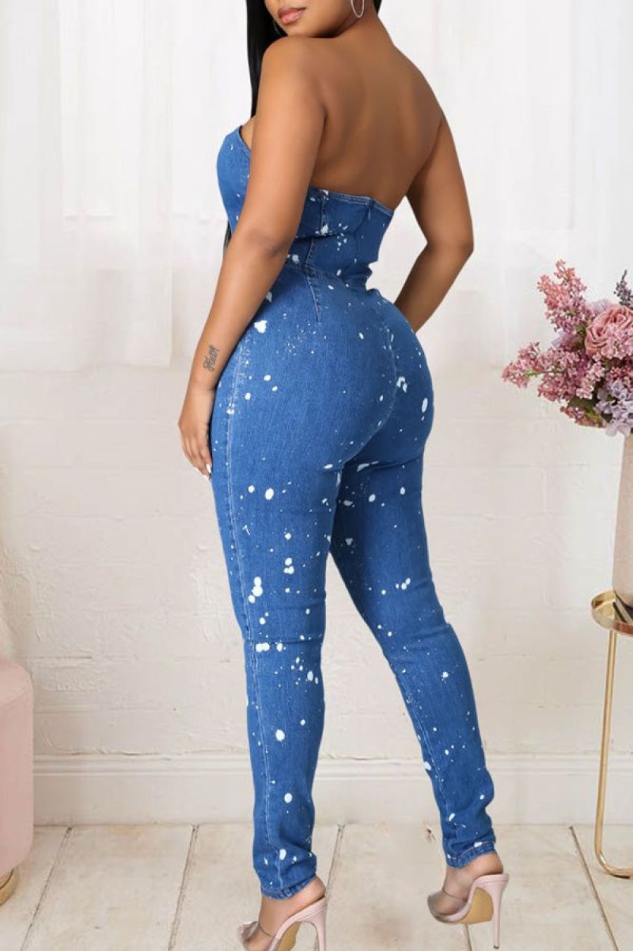 Jumpsuits & Rompers female | Casual Fashion Tube Top Women Fitted Denim Jumpsuit Blue