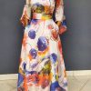 Dresses female | Temperament Round Neck Flare Sleeve Print Maxi Dress Orange