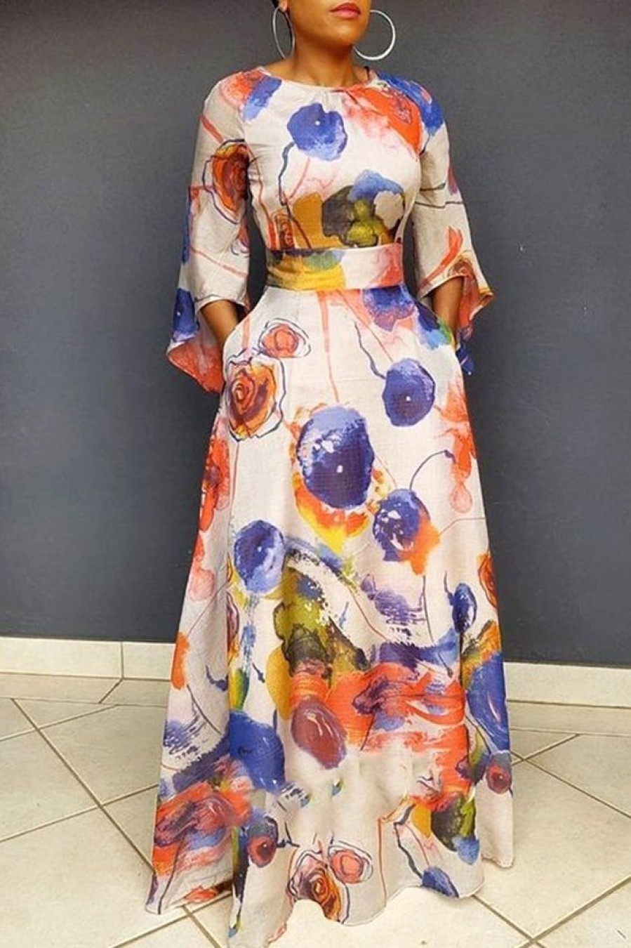 Dresses female | Temperament Round Neck Flare Sleeve Print Maxi Dress Orange