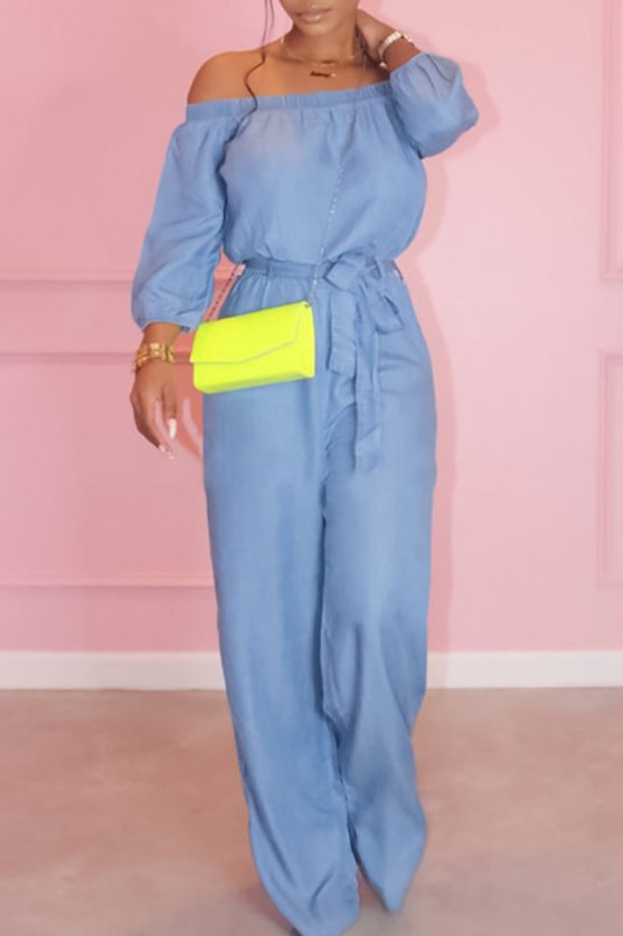 Jumpsuits & Rompers female | Casual Solid Color Off Shoulder Jumpsuit Wathet Blue